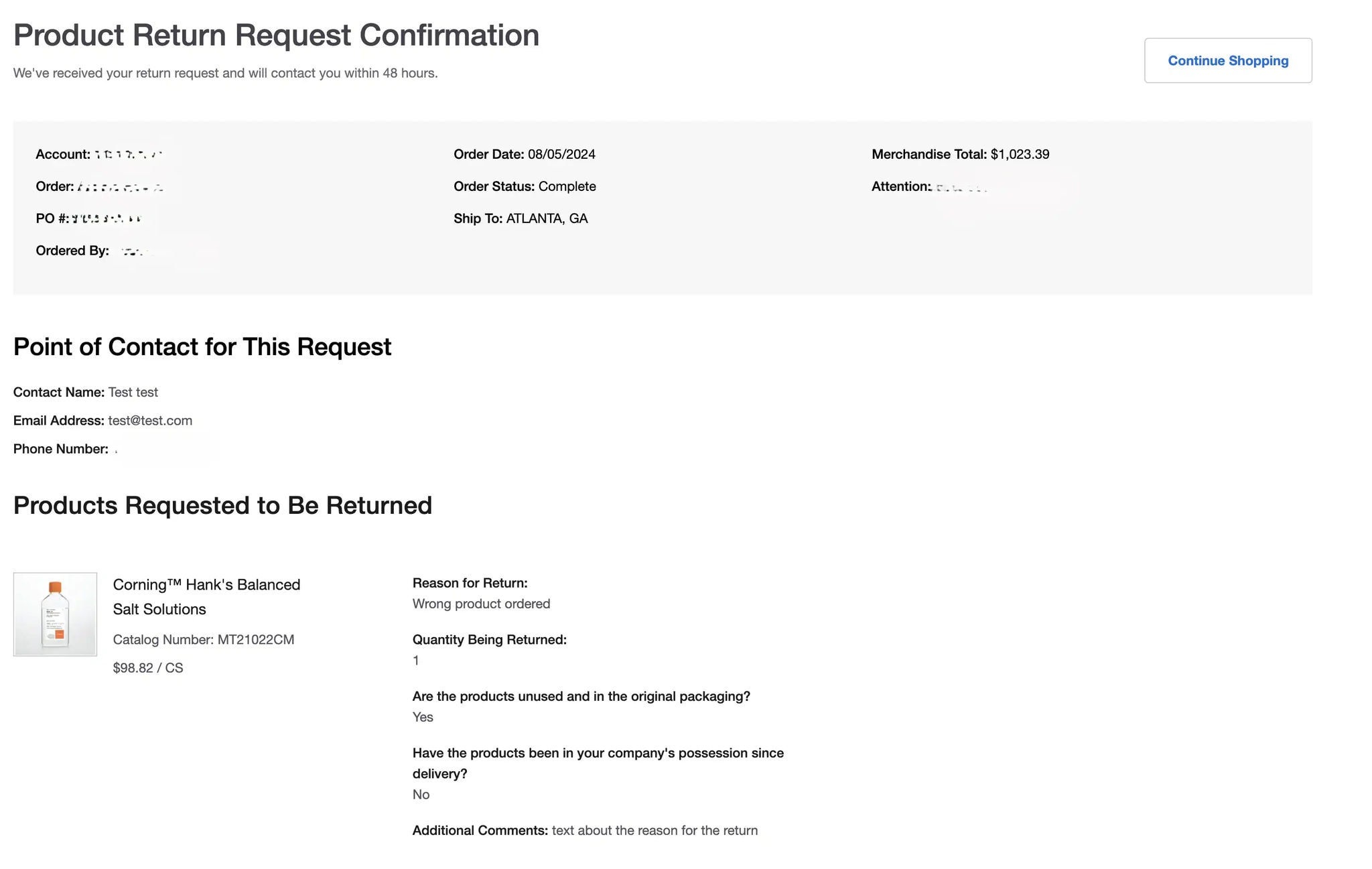 Product Return Request Confirmation page on Fisher Scientific's website confirming the return request. Includes order information, contact details, and product return details. 'Continue Shopping' button is present.
