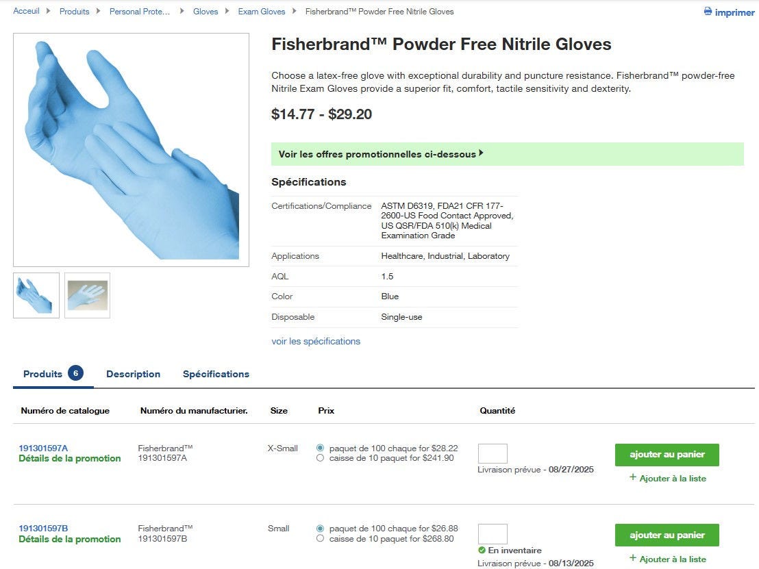 Product page on Fisher Scientific's website for Fisherbrand Comfort Nitrile Gloves with Aloe and Chamomile. Includes an image, product title, size options, pricing, stock status, and buttons for adding to cart or list. Tabs for description, specifications, and product suggestions are present.