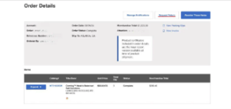 Order Details page on Fisher Scientific's website with order information and options to manage notifications, request a return, and reorder items. Includes a table with item details.