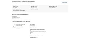 Product Return Request Confirmation page on Fisher Scientific's website confirming the return request. Includes order information, contact details, and product return details. 'Continue Shopping' button is present.