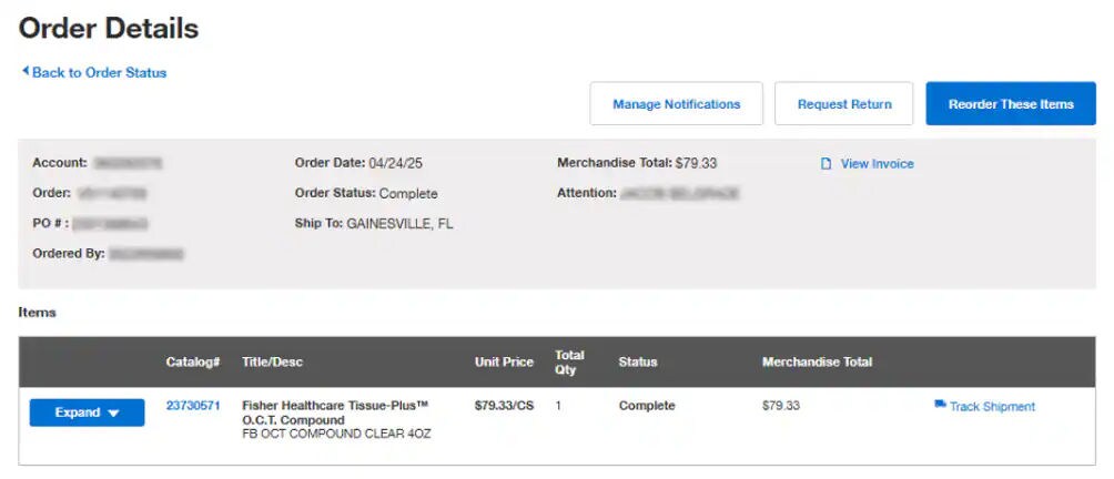 Order Details page on Fisher Scientific's website with order information and options to manage notifications, request a return, and reorder items. Includes a table with item details.