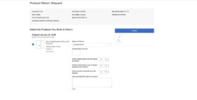Select the Products You Wish to Return page on Fisher Scientific's website with shipping info, return eligibility, and return restrictions. Includes fields for reason, quantity, product condition, and photo upload. 'Continue' button at the top right.