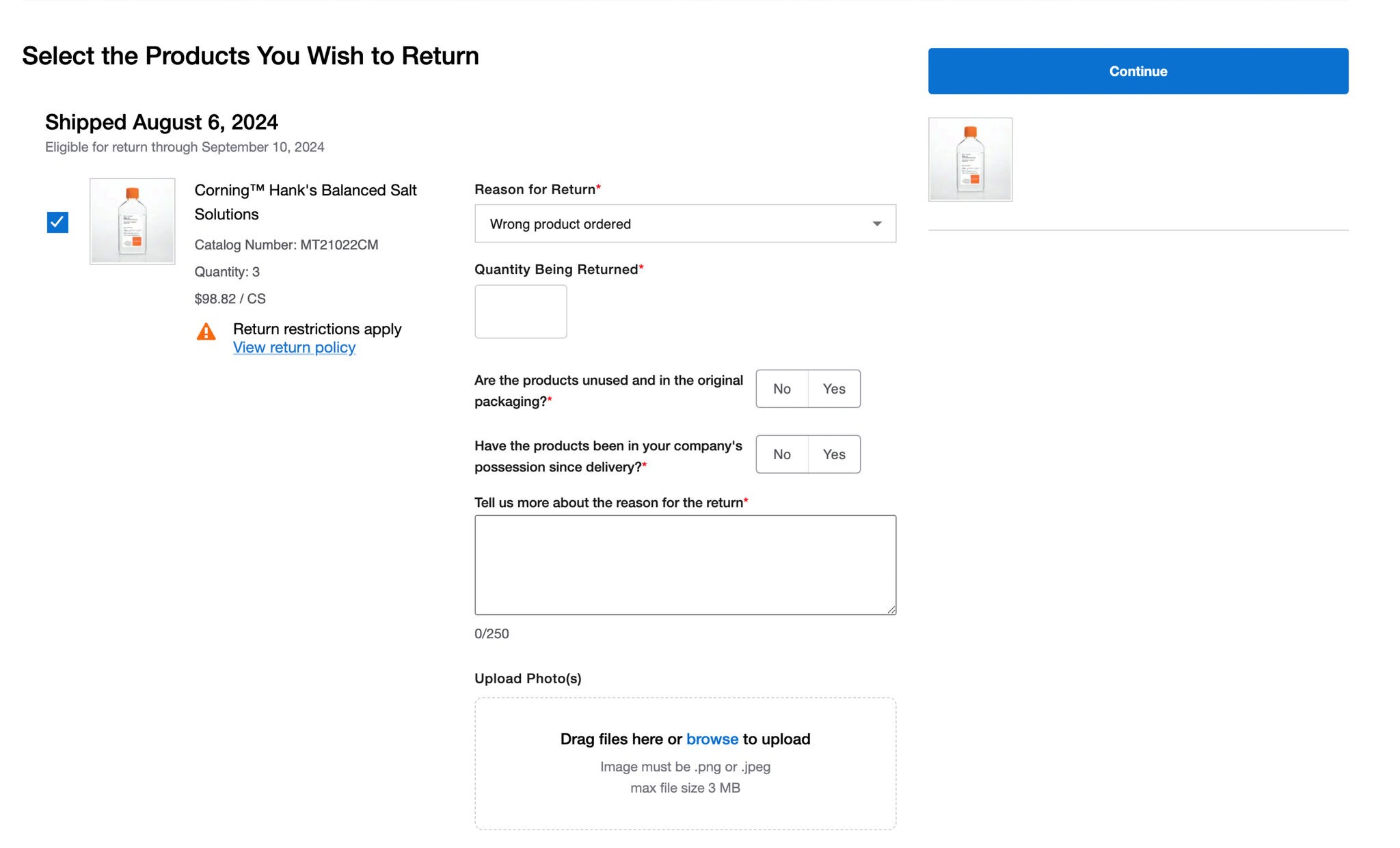 Select the Products You Wish to Return page on Fisher Scientific's website with shipping info, return eligibility, and return restrictions. Includes fields for reason, quantity, product condition, and photo upload. 'Continue' button at the top right.