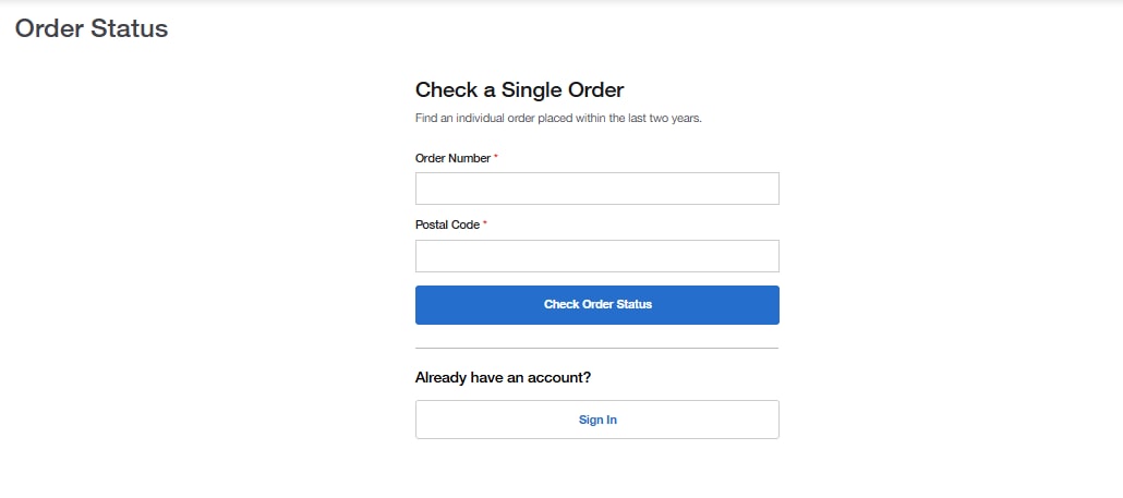 Order Status page on Fisher Scientific's website for checking a single order. Includes input fields for order number and zip code, and a button to check order status. Sign In option is available.