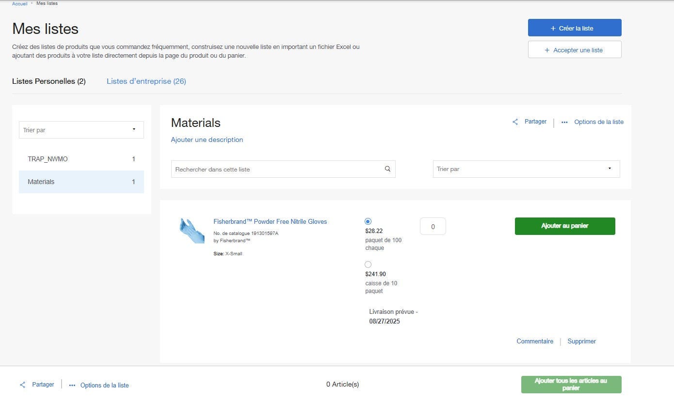My Lists page on Fisher Scientific's website for creating and managing product lists. Includes tabs for favorites, personal lists, and company lists. Options to add descriptions, search, sort, share, and manage lists. Buttons for adding to cart or subscription.