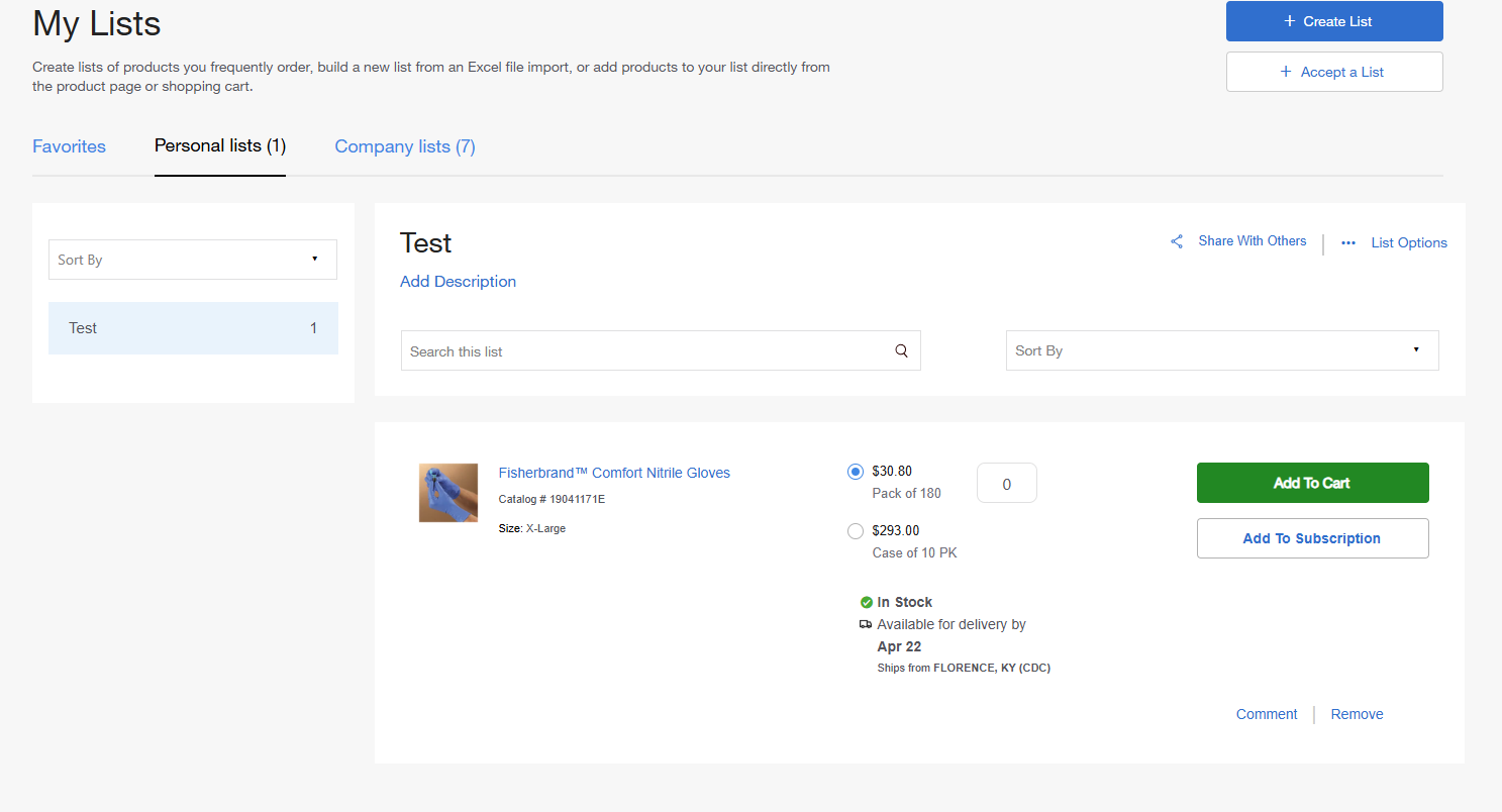 My Lists page on Fisher Scientific's website for creating and managing product lists. Includes tabs for favorites, personal lists, and company lists. Options to add descriptions, search, sort, share, and manage lists. Buttons for adding to cart or subscription.