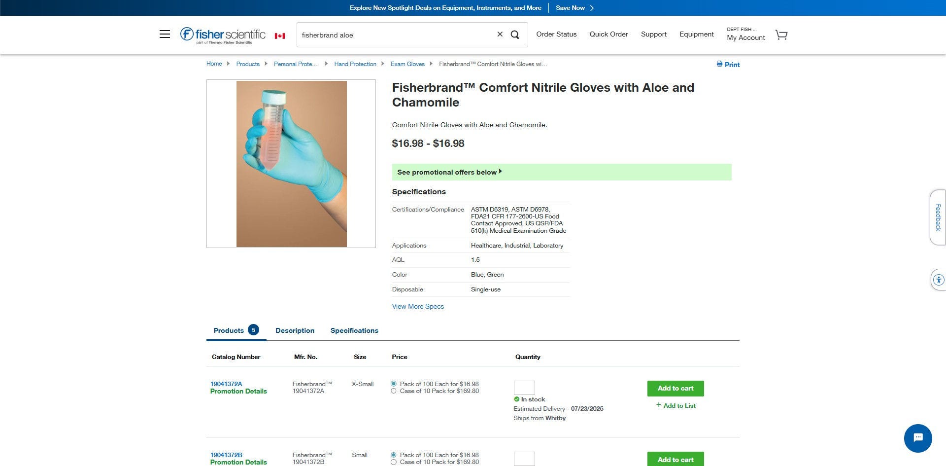 Product page on Fisher Scientific's website for Fisherbrand Comfort Nitrile Gloves with Aloe and Chamomile. Includes an image, product title, size options, pricing, stock status, and buttons for adding to cart or list. Tabs for description, specifications, and product suggestions are present.