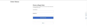 Order Status page on Fisher Scientific's website for checking a single order. Includes input fields for order number and zip code, and a button to check order status. Sign In option is available.